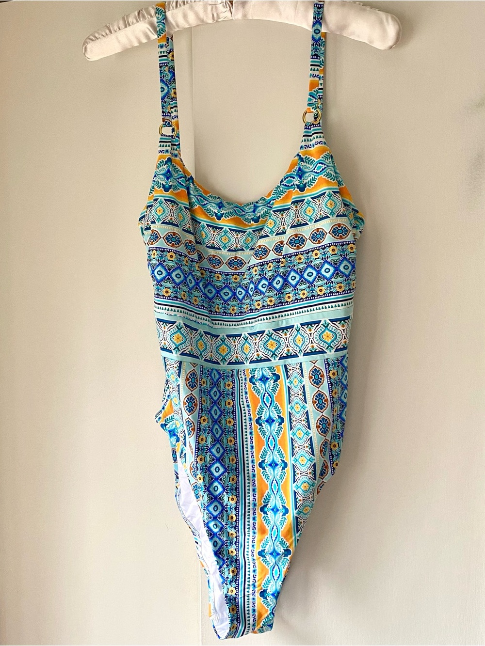NWOT La Blanca Womens One-Piece Swimsuit in Blue, Teal & Yellow Mosaic Print